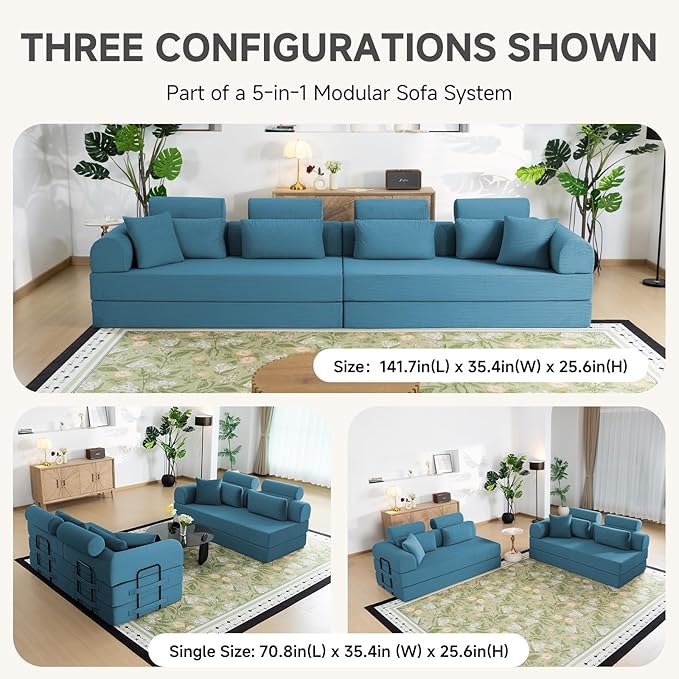106" L-Shaped Boneless Sectional Couch, 2-Piece 70.87" Modules, Converts to 141.7" Extra-Long Straight Sofa, Corduroy Couch in a Box with Headrest & Back Pillows for Living Room, Light Blue