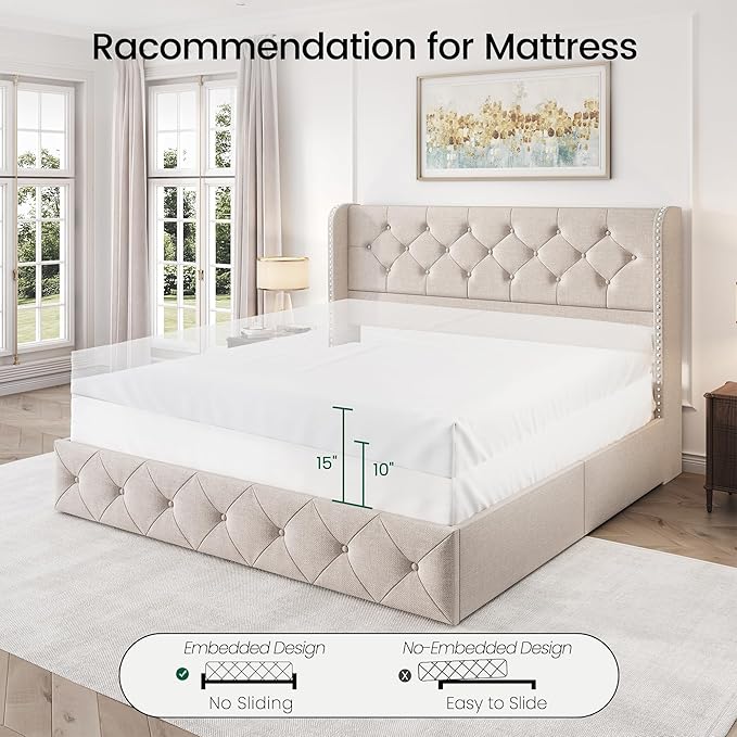 LARMACE Queen Size Bed Frame with 4 Storage Drawers and 47.2" Tall Tufted Headboard Linen Upholstered Platform Bed Frame Wingback Beds with Wooden Slats Support, Easy Assembly, Beige