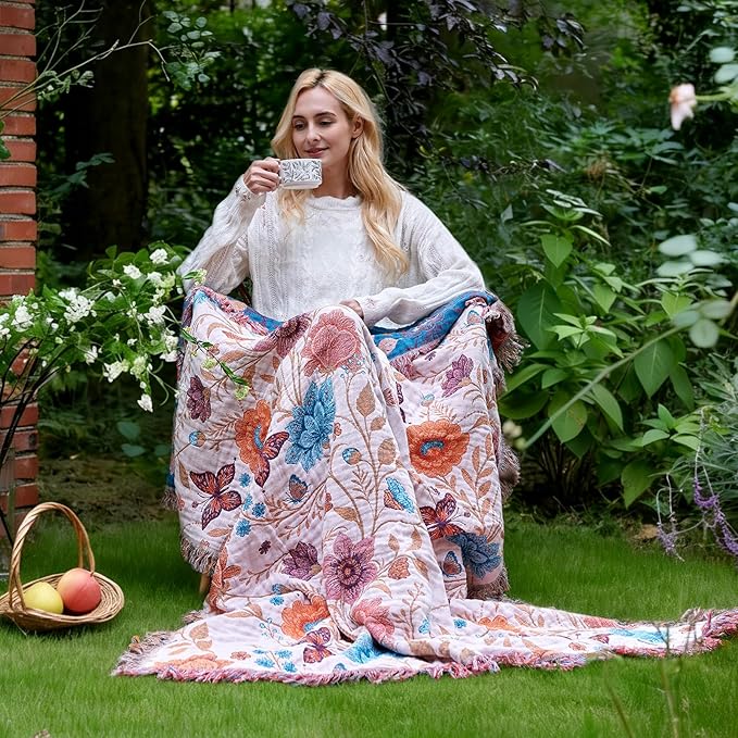 LUTBM Boho Throw Blanket for Couch Sofa Chair Cotton Spring Blankets for Bedroom Living Room All Season Soft Lightweight Reversible Floral Butterfly Embroidery Decorative Throws 50"x60" Home Decor
