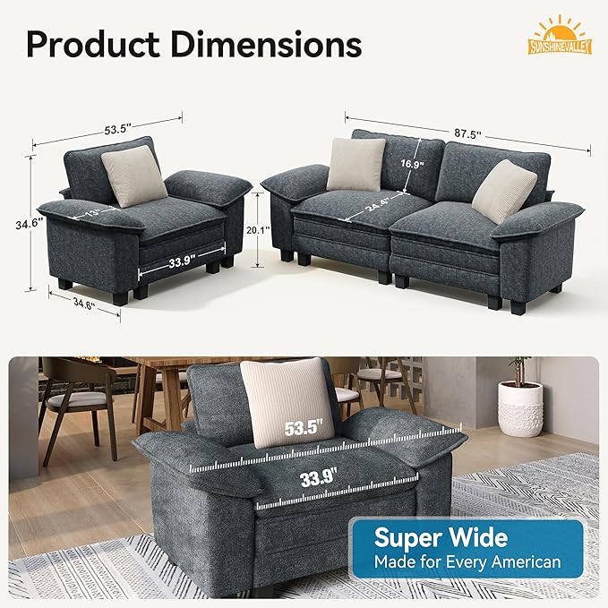 87.5'' Oversized Loveseat Couch and Chair Set, 3-Seat Chenille Modern Modular Cloud Sofa with Pillow, 2 Piece Living Room Deep Sectional Sofa Furniture Set for Apartment, Cyan