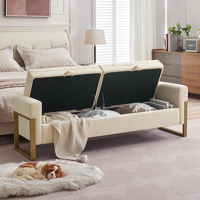67" End of Bed Storage Bench King Size, Upholstered Faux Leather Bench for Bedroom Foot of Bed, Double Lids Storage Ottoman Bench with Golden Legs for Window Living Room Entryway, Beige
