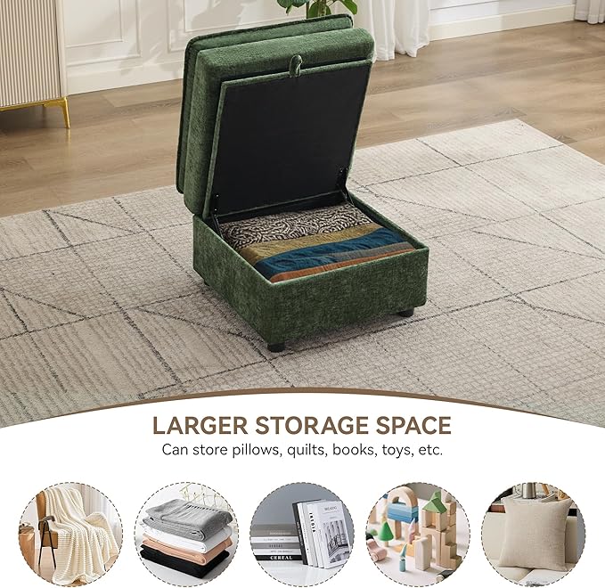 27" Large Square Ottoman with Storage, Modern Upholstered Footrest with Anti-Slip Legs for Couch Coffee Table Living Room, Bedroom, Entryway, Chenille Green