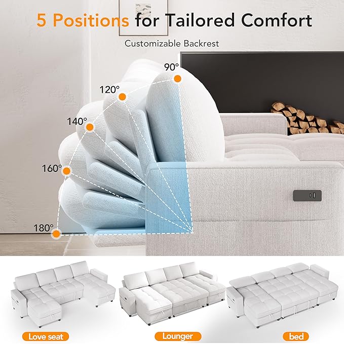 WEUP Modular Sectional Sleeper Sofa Bed, 105" U-Shaped Couch Bed with Adjustable Backrest, Pull Out Couch with Double Storage Chaise, USB Charging & Tool-Free Assembly, Chenille Beige | Reclining Backrest, Tool-Free Assembly, Breathable material