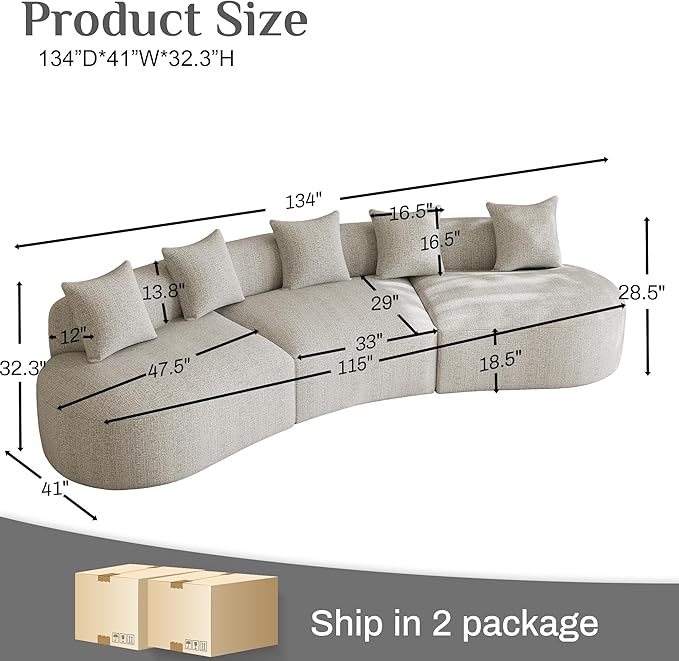 134" Curved Modular Sectional Sofa for Living Room, Modern Chenille Oversized Cloud Couch, Plush Luxury 6-Seater Extra Deep Seat Boucle Boneless Sofa, No Assembly Required, Grey