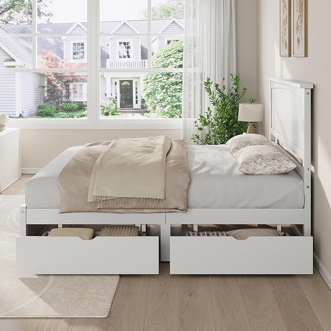 AMERLIFE Solid Wood Full Size Storage Bed Frame with Headboard, Platform Bedframe with 2 Storage Drawers, Beadboard Design & Wooden Slats/No Box Spring Needed/Noise-Free, Coastal White Finish