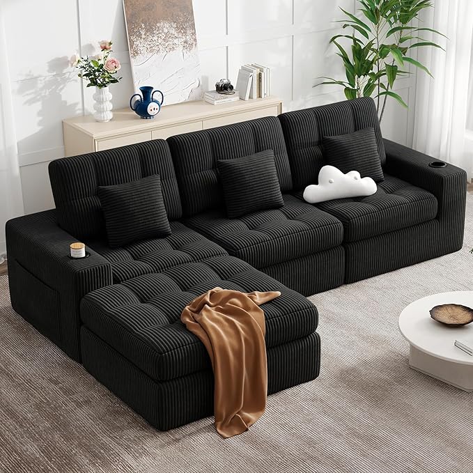 112" L Shaped Cloud Boneless Couch,Modern Modular Sectional Sofa with Layered Cushion,No Assembly Convertible Corduroy Couches for Living Room,Black 1 PCS