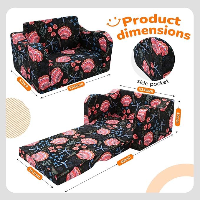 MeMoreCool Folding Kids Couch – 2-in-1 Toddler Sofa Bed, Lounge Chair for Ages 1-3, Playroom Furniture with Removable Cover Lightweight & Portable | Washable | Ideal for Naptime or Travel