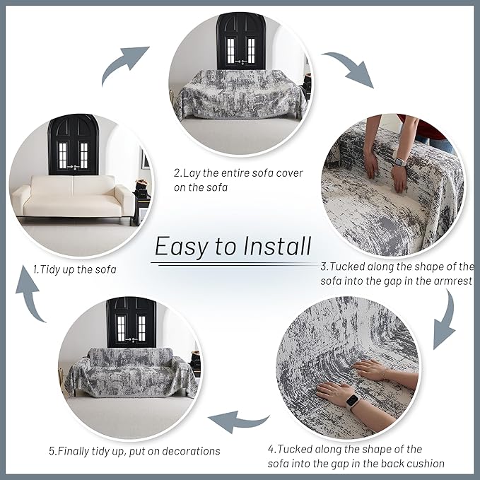 MYSKY HOME Boho Couch Cover for Dogs Washable Deep Grey Abstract Couch Sofa Protector for Loveseat Sofa Pets Friendly Chenille Geometric Sofa Covers Soft Durable Farmhouse Sofa Slipcovers, 71" X102"
