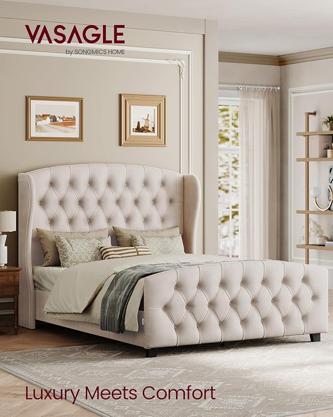 VASAGLE Queen Bed Frame with Tall Headboard, Upholstered Platform Bed Frame Queen Size, with Wingback Tufted Headboard and Footboard, Wooden Slats, No Box Spring Needed, Cappuccino Beige URMB881W01