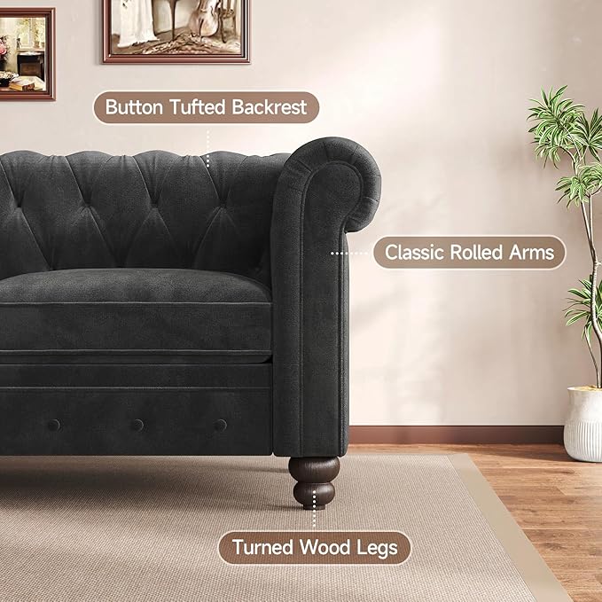 ONBRILL Velvet Chesterfield Sofa, L Shaped Sectional Sofa with Tufted Back & Rolled Arms, 3 Throw Pillows, Small Corner Sectional Couch for Living Room, Apartment, Black | Velvet Fabric