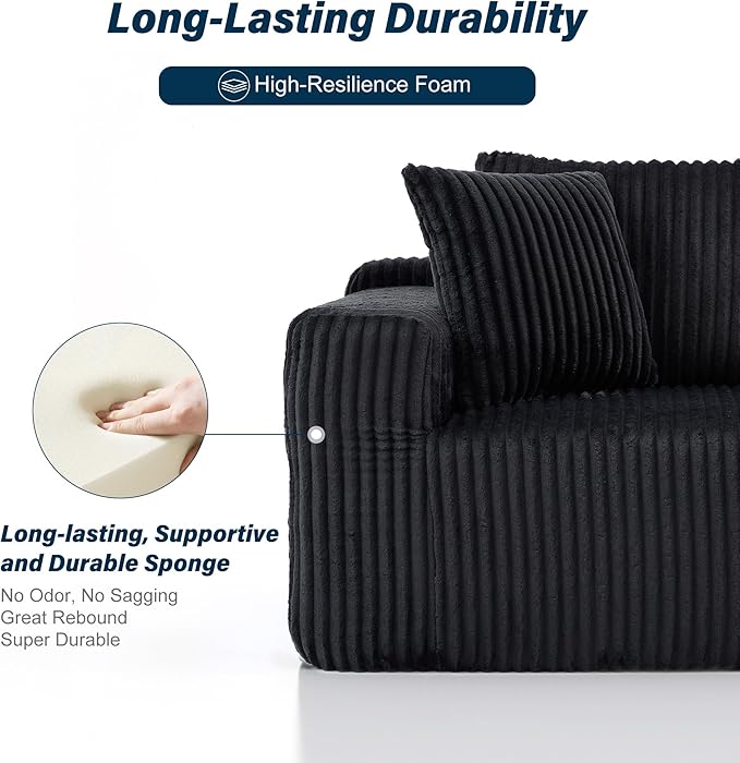 3 Seater L Shaped Sofa with Deep Seat, 101" Cloud Sectional Couch with Chaise, Cozy Modular Couches Sleeper, Oversized Corduroy Sofa for Living Room Bedroom Apartment, Black