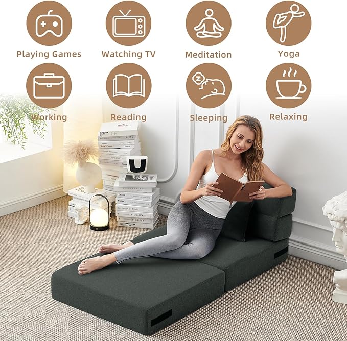 FILUXE Folding Sofa Bed | Convertible Sleeper Chair Bed for Adults, Fold Out Chair to Bed Linen Futon Chair with Pillow, for Home Dorm Apartment RV Living Room, Single Size Dark Gray