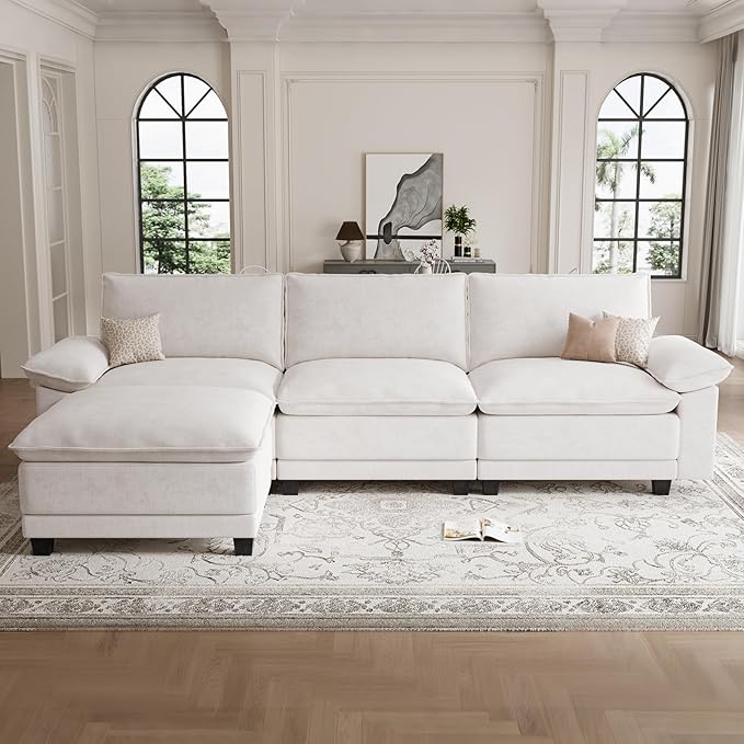 Modern L Shaped Sofa Couches for Living Room, Modular Sectional Cloud Couch with Movable Ottoman, Comfy Chenille Sofa for Apartment and Small Space, Beige