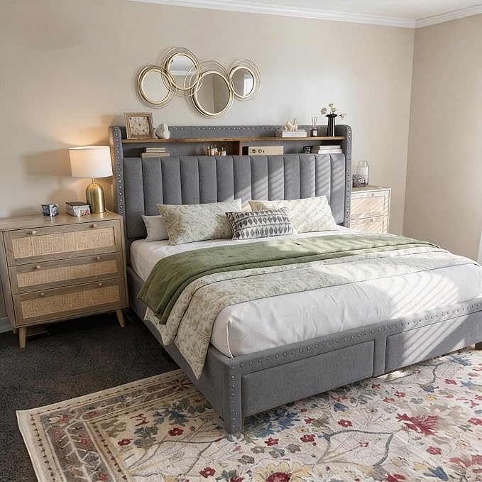 EnHomee Queen Size Bed Frame with 2 Storage Drawers Upholstered Queen Bed Frame with Headboard Solid Wood Slats,No Box Spring Needed,Noise-Free Extra Storage Space for Bedroom Apartment, Grey