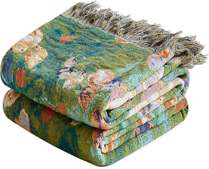 LUTBM Boho Throw Blanket for Bed Cotton Spring Blankets Twin Size for Bedroom Living Room All Season Lightweight Floral Embroidery Reversible Quilt for Couch Sofa Chair 60"x80" Home Decor