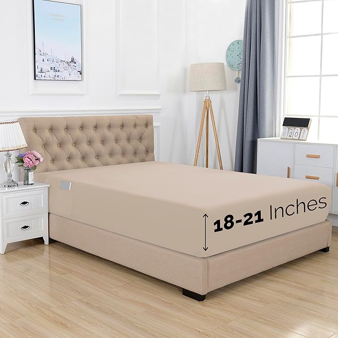 Elegant Comfort 1500 Premium Hotel Quality 18-21 Inches Deep - Extra Deep Pocket Single Fitted Sheet for High Mattress, Luxury and Softest, Smart Pocket - Wrinkle Free, King, Cream
