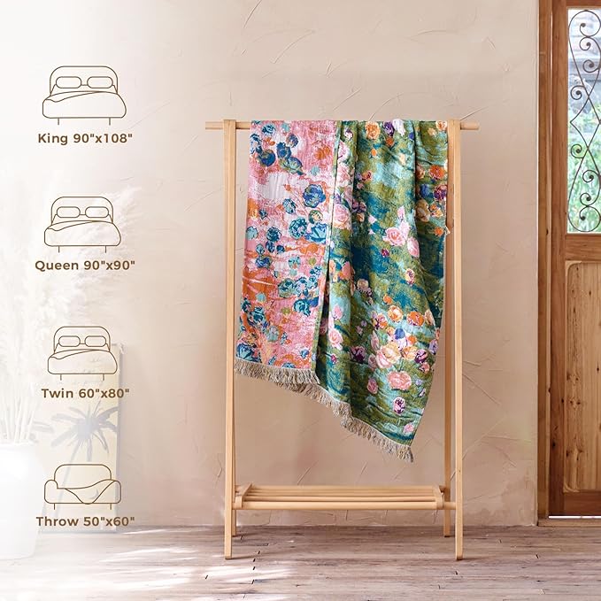 LUTBM Boho Throw Blanket for Bed Cotton Spring Blankets Twin Size for Bedroom Living Room All Season Lightweight Floral Embroidery Reversible Quilt for Couch Sofa Chair 60"x80" Home Decor