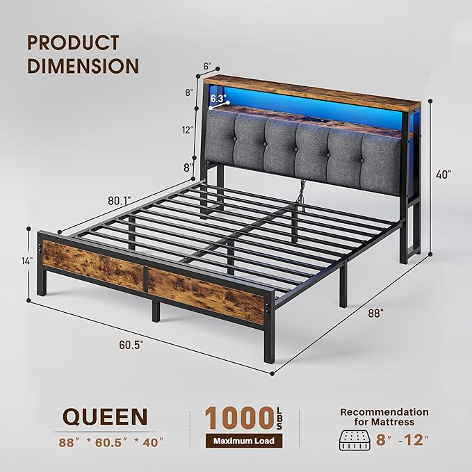 Homkdom Queen Bed Frame with Charging Station and LED Lights, Grey Upholstered Headboard with 2-Tier Storage Shelves,Metal Platform with 12" Under-Bed Storage, No Sliding,Noise-Free,1000LBS