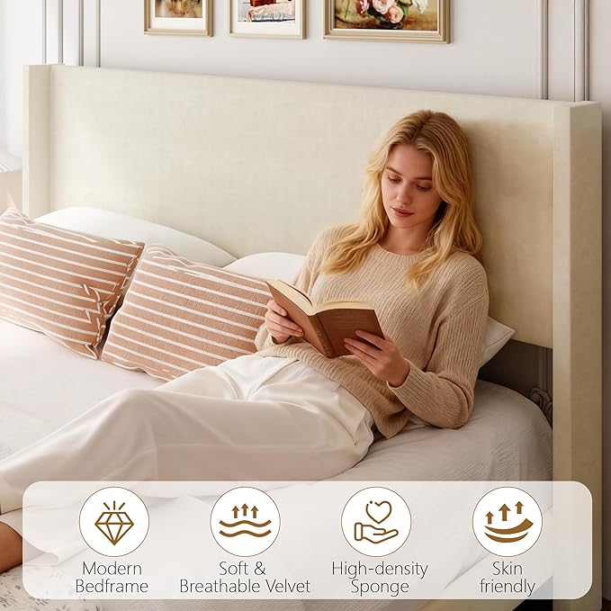 Sismplly Queen Bed Frame with Wingback Headboard, Velvet Upholstered Platform Bed with Wooden Slats, 6.46“ Under Bed Storage, Metal Support, Noise Free, No Box Spring Needed, Beige