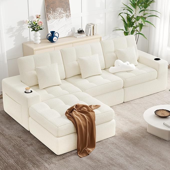 112" L Shaped Cloud Boneless Couch,Modern Modular Sectional Sofa with Layered Cushion,No Assembly Convertible Corduroy Couches for Living Room,Beige 1 PCS