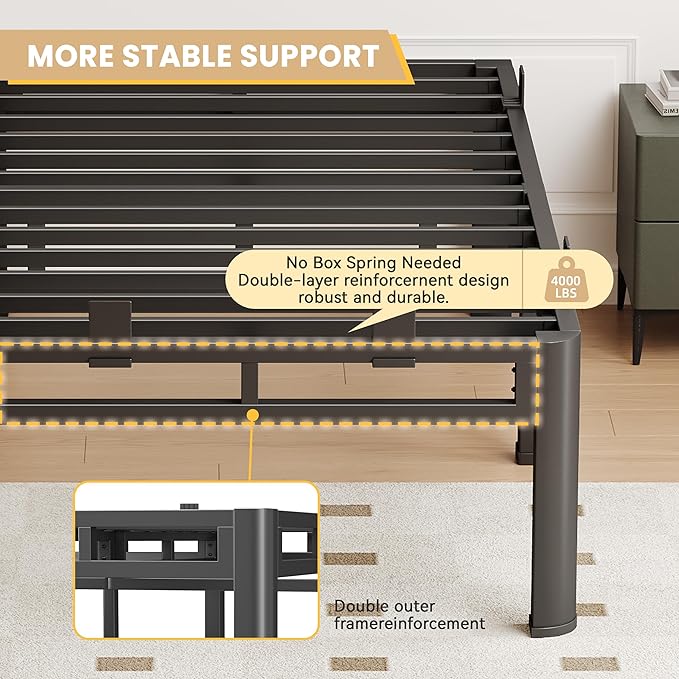 Twin Bed Frames Heavy Duty, 18 Inch Metal Double Layer Steel 4000 lbs Capacity, Platform with Large Under Bed Storage Space, No Box Spring Needed, Noise-Free, Easy Assembly