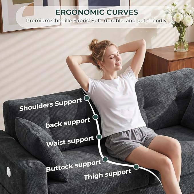 70" Loveseat Sofa for Living Room, Modern Chenille Cloud Couch with USB/Type-C Charging Ports, Side Pockets, Removable Cover, Wide Armrests, Small Couch for Small Space, Easy Assembly, Grey