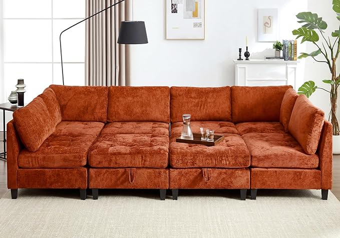 Luxe Oversized Modular Sectional Sofa Set，Modern Chenille Comfy Sectional Cloud Couch for Living Room (6-Seater + 2 * Ottoman + Tea Tray, Orange)