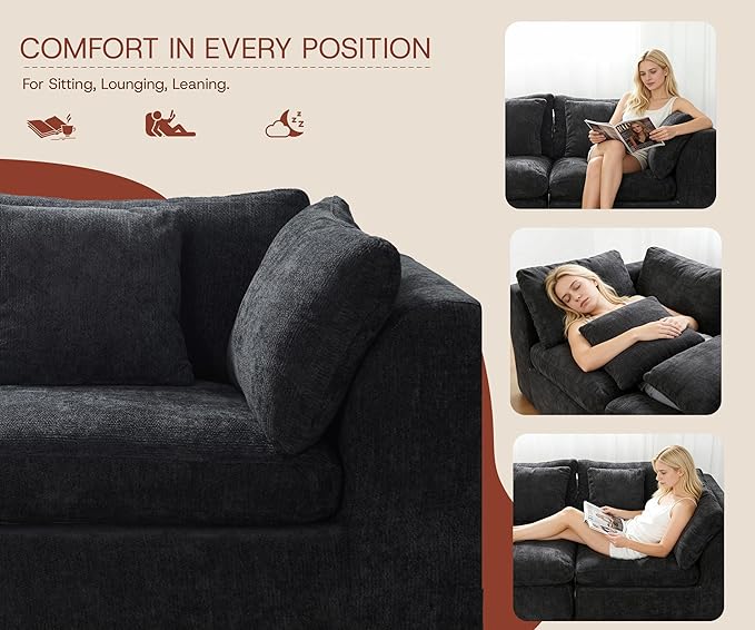 79'' Oversized Cloud Sectional Boneles Loveseat for Living Room, Modern Big Compressed 2 Seater Couch with 2 Throw Pillows, Comfy Chenille Deep Seat Memory Foam Spineless 2 Person Couch, Black | No Assembly Needed, Premium Chenille, Flexible Modular, W...