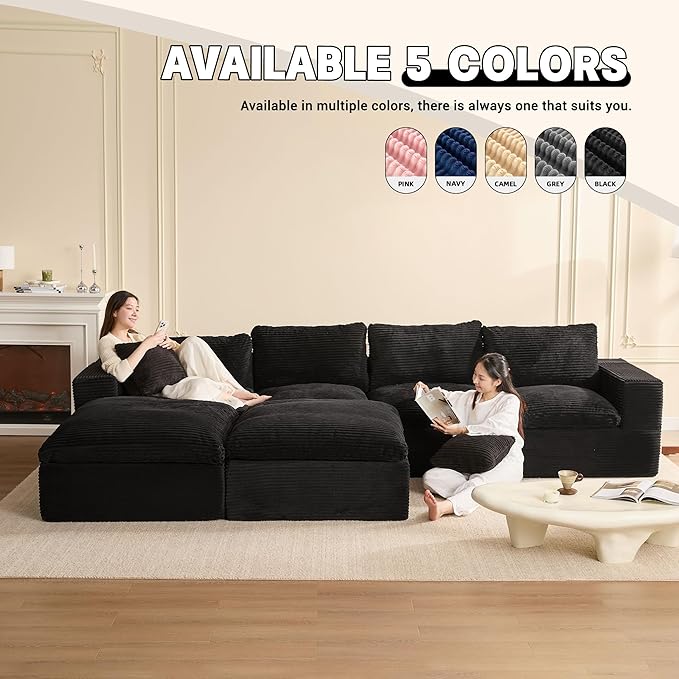 137.8” Sectional Couches for Living Room, Set of Cloud Couch, Modular Sectional Sofa, Convertible Sofas Bed, Deep Seat Sofa, U Shaped Cozy Sofa Furniture Set, Corduroy, Black