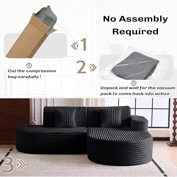 Modern Curved Boneless Sofa Couch, L-Shaped Corner Sofa, Corduroy Upholstered Cloud Sectional Couch for Living Room, Bedroom and Apartment,No Assembly Needed(Black, Right Hand Facing)