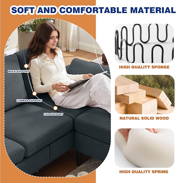 3 Piece Convertible Sectional Sofa Set, Modern Linen Small L Shaped Couch with Reversible Ottoman and Accent Chair, 3-Seat Sofa Couches for Living Room, Office, Apartment, Dark Grey