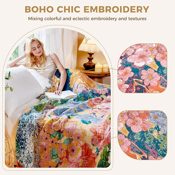 LUTBM Boho Throw Blanket for Couch Sofa Chair Cotton Spring Blankets for Bedroom Living Room All Season Soft Lightweight Reversible Floral Embroidery Breathable Decorative Throws 50"x60"