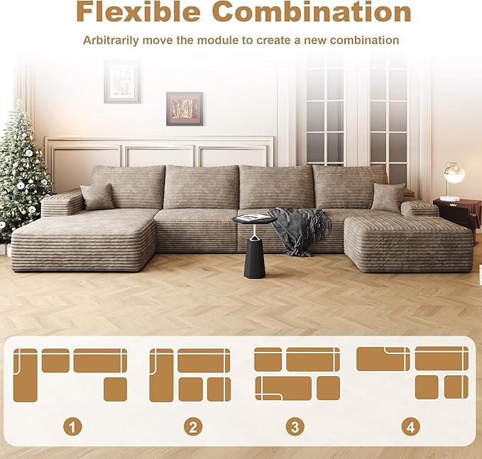 136" Sectional Couches for Living Room Cloud Couch Sofa with L-Shape Upholstered Boneless Couchs Modern Modular Sectional Couch with Chaise (Camel, 136" Left Facing Chaise+3Seaters+Ottoman)