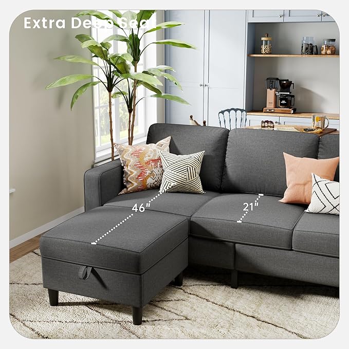 Sectional Sofa and Couches for Living Room, 78'' Dark Grey 3 Seat L-Shaped Couch with Movable Ottoman, Comfy Linen Convertible Sectionals Sofas with Chaise for Apartment, Dorm, Small Space