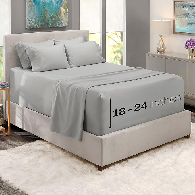 Hearth & Harbor Luxury Soft 6 Piece Bed Sheet Set Extra Deep Pocket Fitted Sheets Fits Mattress up to 21", Double Brushed Bedding, Split King Size, Silver