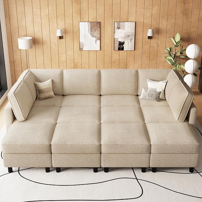 Belffin 110.2" 12 Seats Modular Sectional Sofa Sleeper Sofa Big Washable Sectional Couches for Living Room Comfy Couches with Storage Seat Couch Sofas with Chaise,Beige