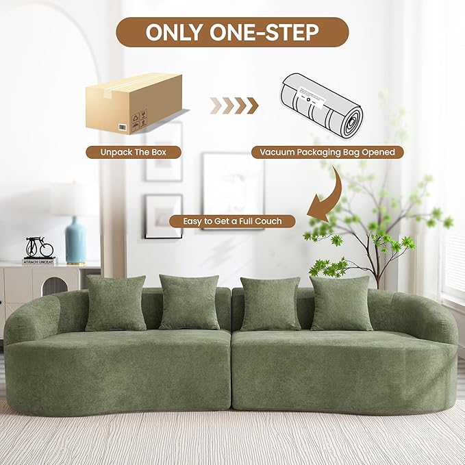 110" Boneless 4 Seater Sofa Couch, Modern Oversized Curved Cloud Sofa, Chenille 4-Seater Deep Seat Sectional Couches for Living Room, No Assembly, Green