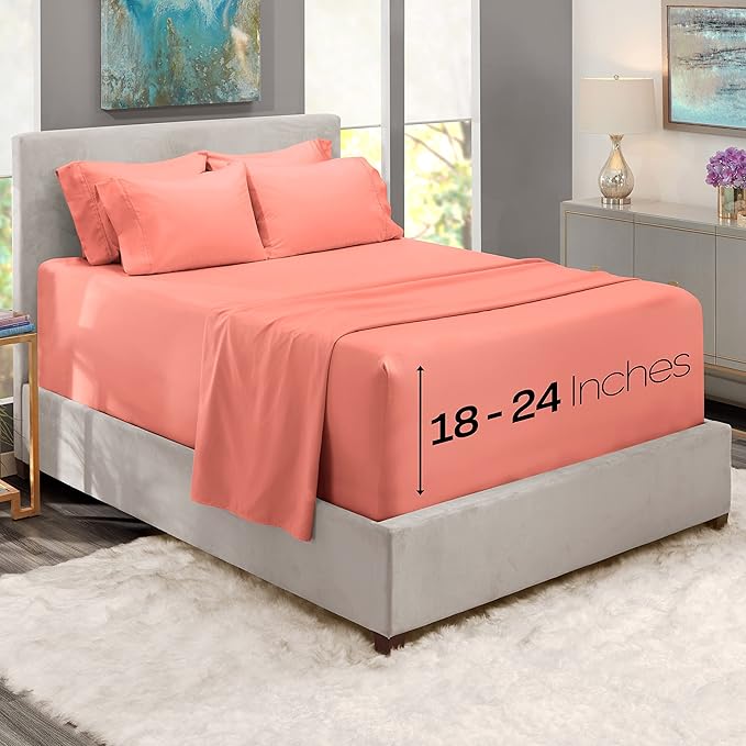 Hearth & Harbor Extra Deep Pocket Queen Sheets Sets - Fits Mattress 18-24 Inches Deep - Extra Deep Pocket Sheets - 6 Piece Queen Size - Misty Rose