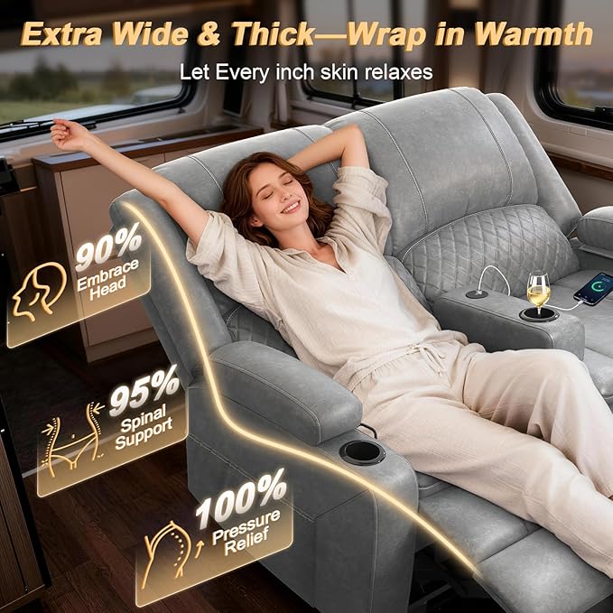 RV Loveseat Recliner Wall Hugger, Manual RV Reclining Loveseat with Removable Armrest, 3X Adjustable Theater Wall Hugger Loveseat Recliners with USB Ports, Cup Holders, Multi-Storage (PU,Grey)