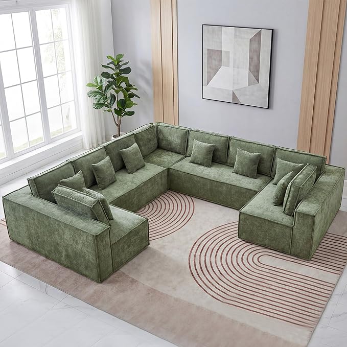 138'' Boneless Chenille U Shaped Couch, Oversized Modular Sectional 9 Seater Sofa, Modern Deep Seat Corner Cloud Compressed Couch, No Assembly Sleeper Sofa with Chaise for Living Room, Green