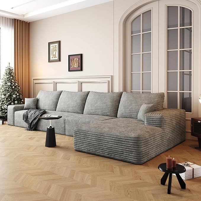 136" Sectional Couches for Living Room Cloud Couch Sofa with L-Shape Upholstered Boneless Couchs Modern Modular Sectional Couch with Chaise (Grey, 136" Right Facing Chaise+3Seaters)