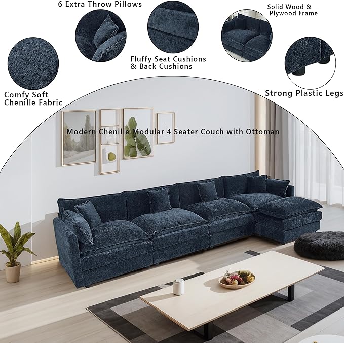 Setawix Deep 4 Seater Couch with Ottoman,147.22" L-Shaped Cloud Couches for Living Room,Chenille Cloud Sofa Couch with Deep Seat,Modular Sectional L Shape 4 Seat Sofa for Bedroom (Blue, 4+1)