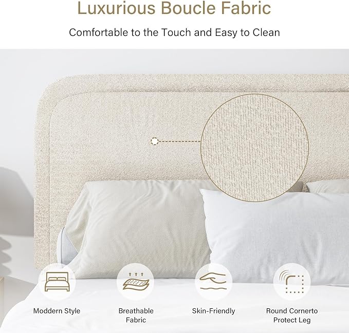 BarnFurin Queen Bed Frame with Headboard, Cloud Boucle Upholstered Platform Bed with Wood Slats, Soft Rounded Corners, No Box Spring Required, Non-Slip and Noise-Free, Easy Assembly, Cream