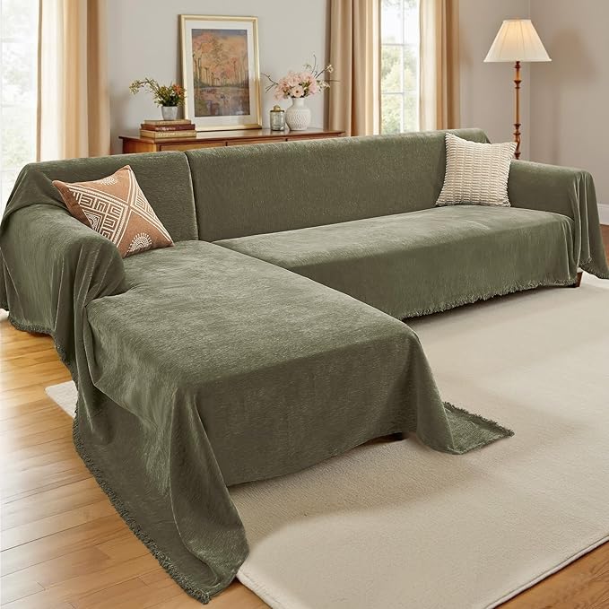 Sectional Couch Covers, 2 Pieces Chenille Sofa Cover L Shaped Couch Cover Blanket for Dogs Washable Sofa Slipcovers Pet Furniture Protector (X-Large: 71" x 110" + 71" x 118", Sage Green)