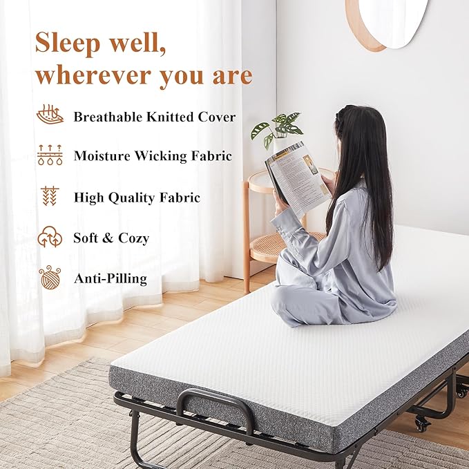AbyssZen Twin Size Folding Bed with Mattress, 75" x 38" RollawayBed Guest Foldable for Adults, Portable Extra Bed with Memory Foam Mattress, Space-Saving Fold Up for Easy Storage