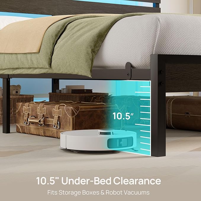 Rolanstar Bed Frame Queen Size with USB Charging Station, LED Bed Frame with Wood Storage Headboard, Black Metal Platform Bed with Under Bed Storage, No Box Spring Needed, Noise Free
