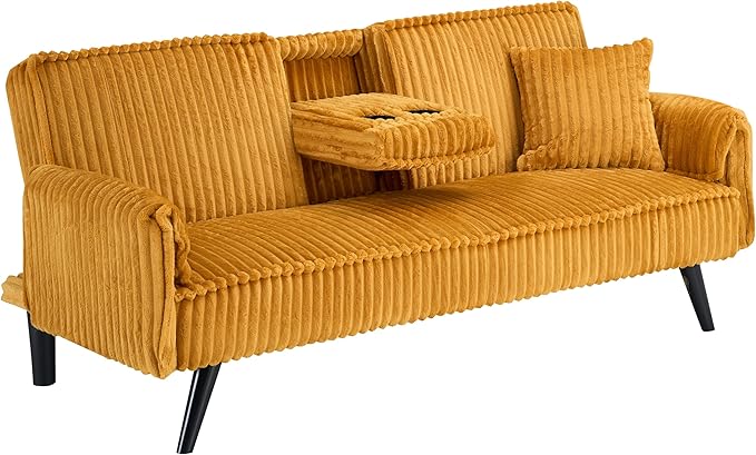 72" Convertible Sofa Bed with Foldable Cup Holder,Straight-line Corduroy Sofa,Suitable for Living Room,Bedroom,Orange