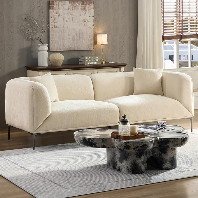 MEETAKING 82.68" Modern Sofa, 3-Seater Deep Seats Tuxedo Couch, Boucle Sofas with 2 Pillows, Minimalist Couches Straight with Metal Legs, High Armrests for Living Room,Bedroom,Home Office (Beige)