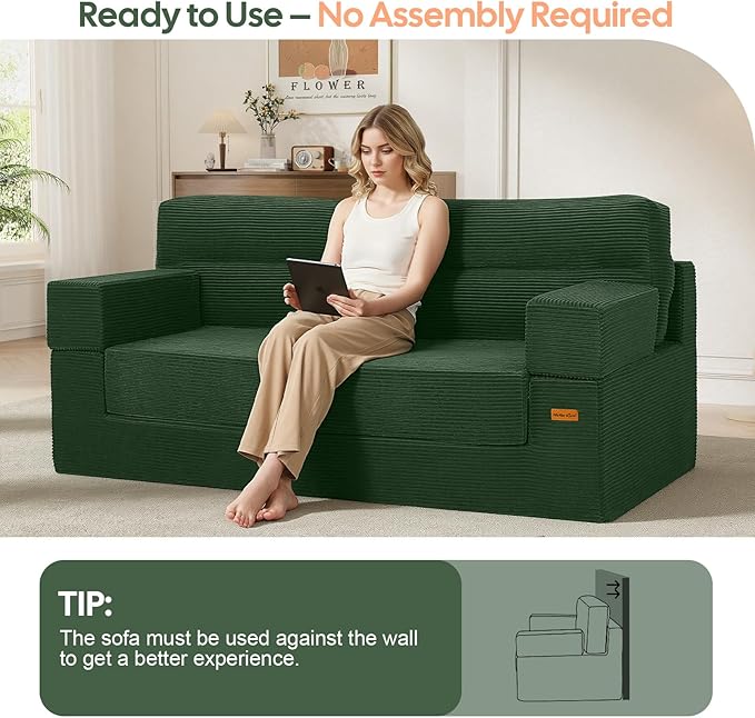 MeMoreCool Boneless Couch Convertible Sofa Bed Queen, Corduroy Futon Couch Sleeper Sofa, Boneless Loveseat Pull Out Couch Bed, Fold Out Floor Sofa for Living Room Bedroom Apartment, Green
