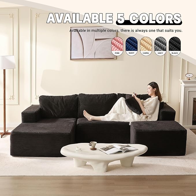 107" Boneless Couch with Deep Seat, Set of Modular Sectional Sofa, Cloud Sectional Couch for Living Room, No Assembly Required, Corduroy, U-Shape 3 Seater Left, Black
